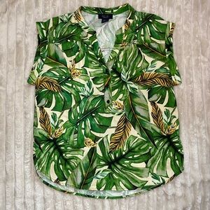 Rachel Roy Green and Yellow Leaf Print Linen Rayon Top